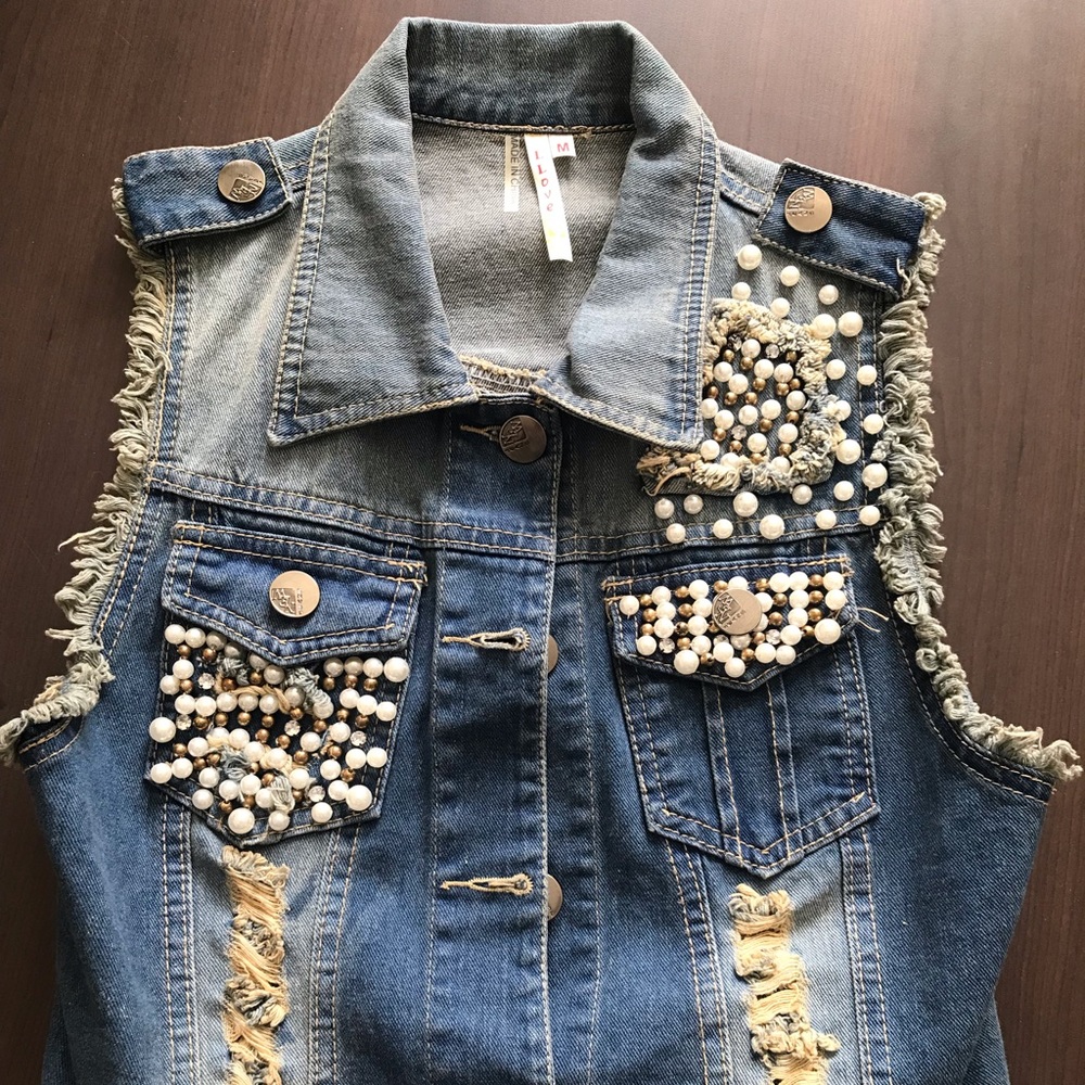 Girl’s Distressed Pearled Jean Vest